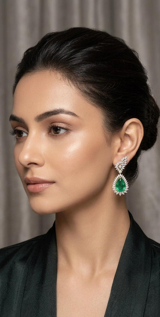 Mihira Diamond Drop Earrings with Emerald Stone