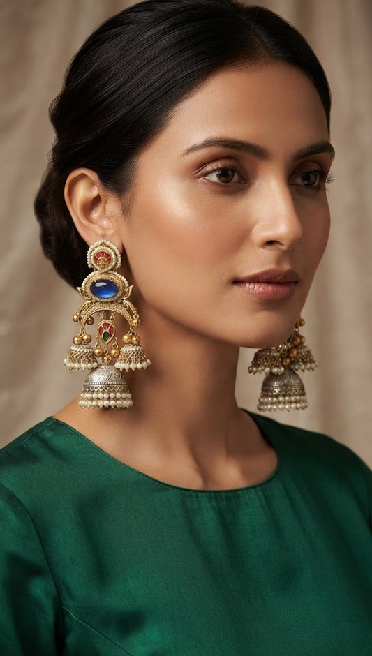 Falguni three tiered oversized oxidised jhumka earrings