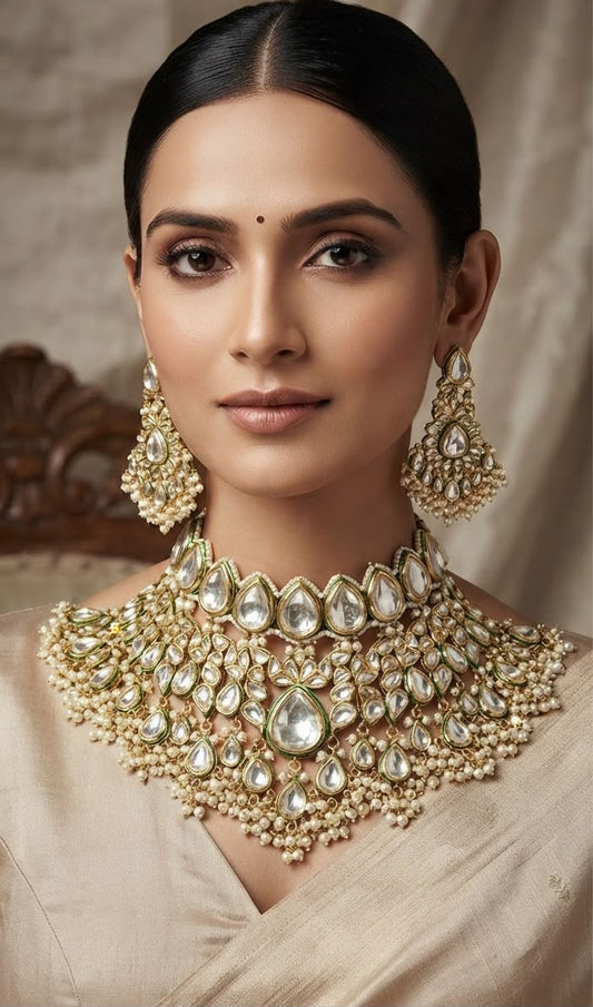 Maharani gold plated necklace set with pearls