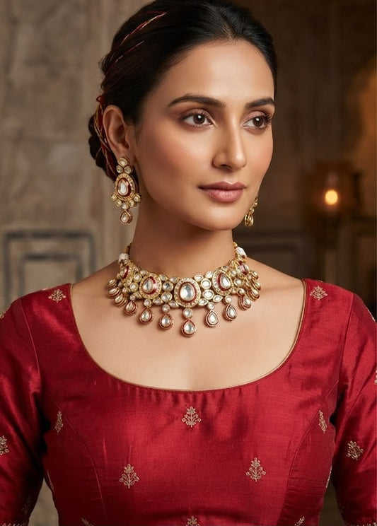 Falguni red polki and meenakari choker necklace set