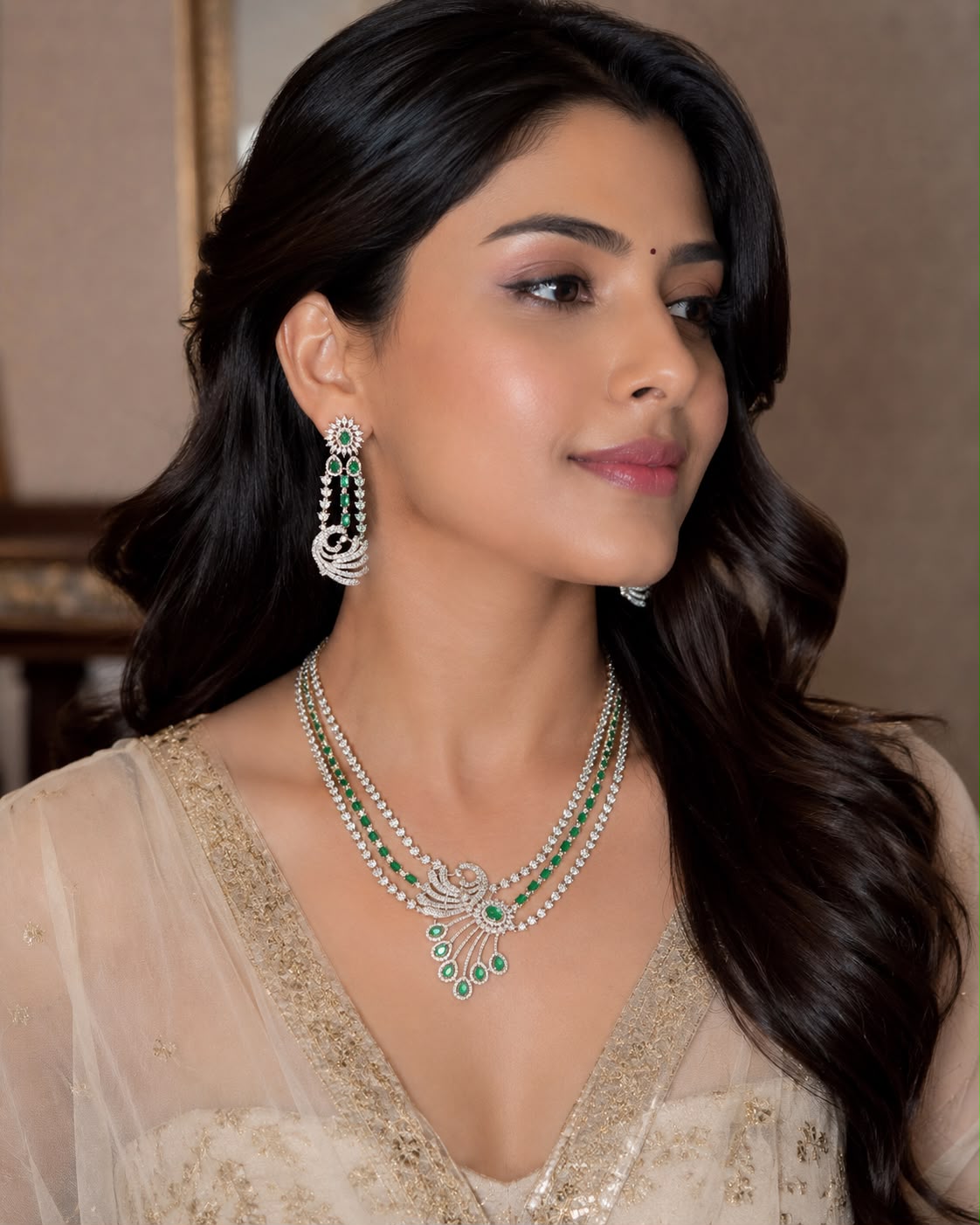 Layered diamond set with a peacock shaped pendant