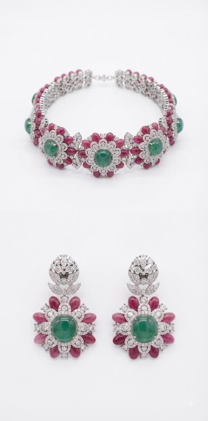 Flower shaped ruby and emerald diamond choker set