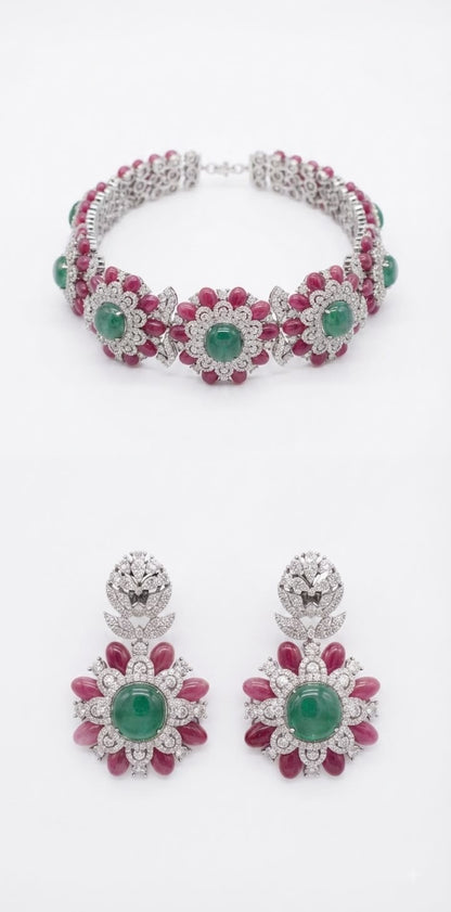 Flower shaped ruby and emerald diamond choker set