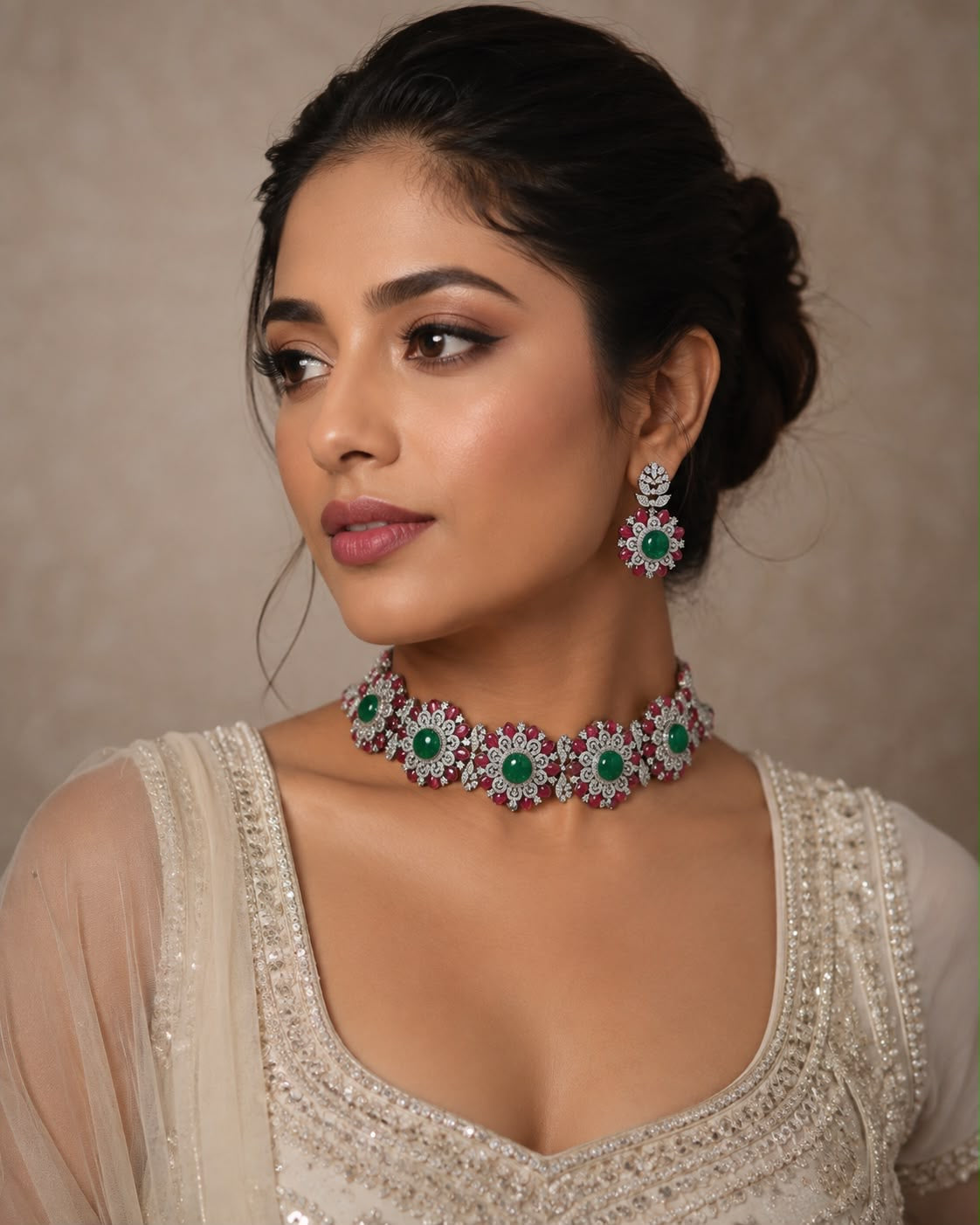 Flower shaped ruby and emerald diamond choker set