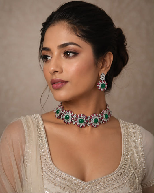 Flower shaped ruby and emerald diamond choker set
