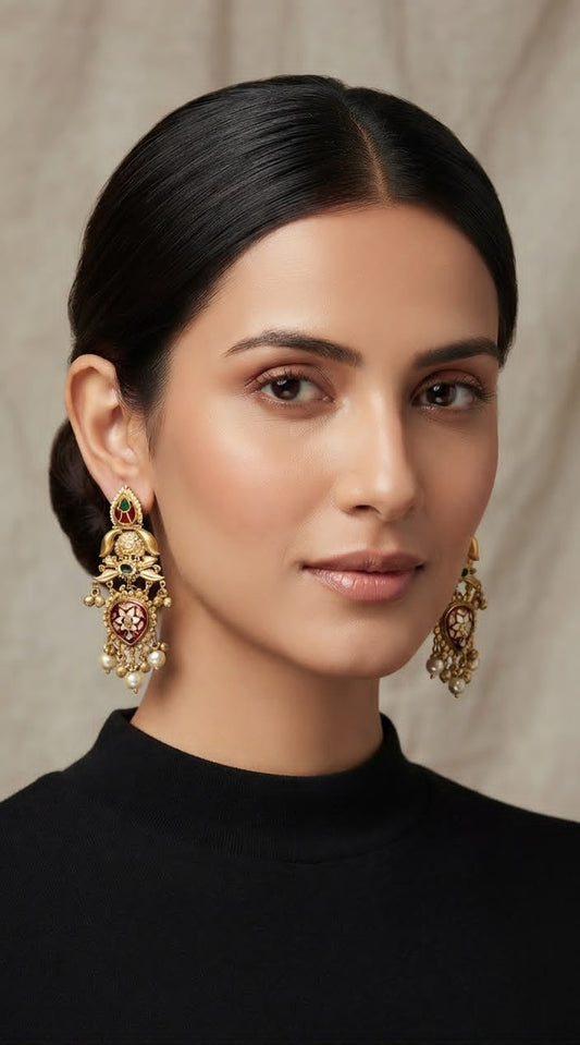 Falguni Long gold plated earrings with pearls and coloured stones