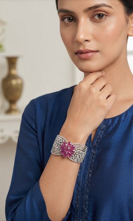 Maira flower shaped ruby and diamond studded bracelet