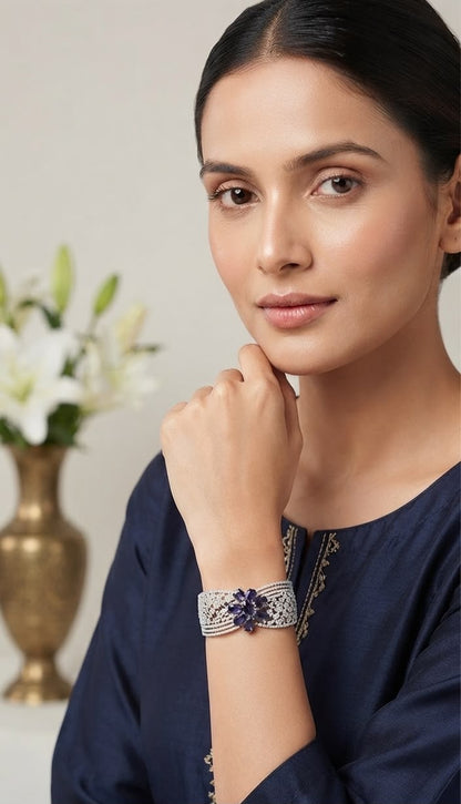 Maira flower shaped purple stone and diamond studded bracelet