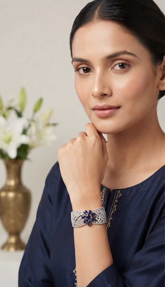 Maira flower shaped purple stone and diamond studded bracelet