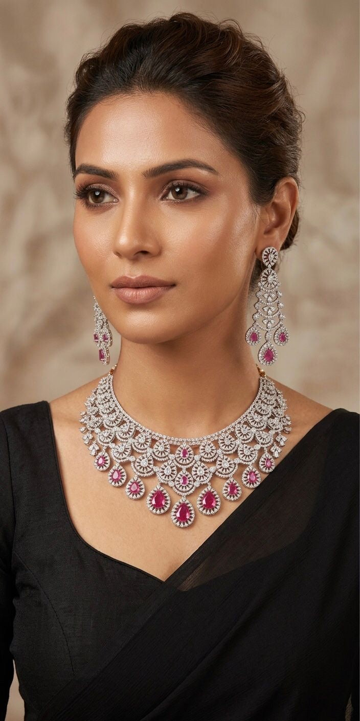 Maharani ruby and diamond studded necklace set