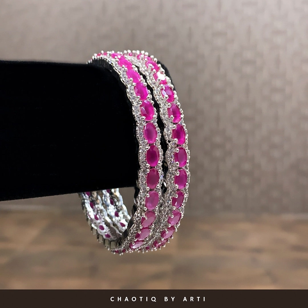 Single line diamond and coloured stone bangles