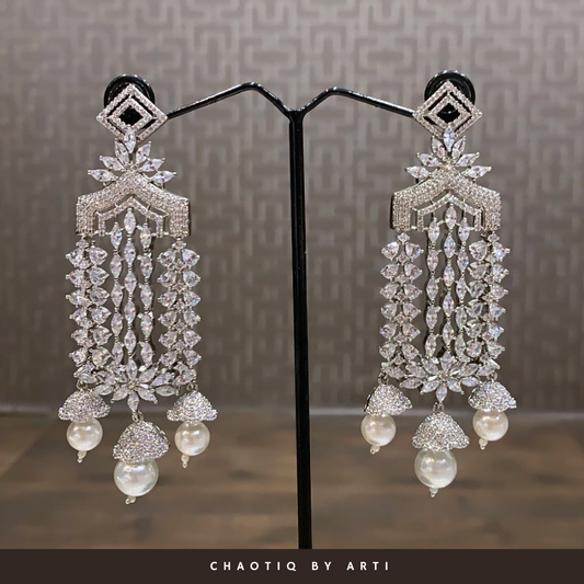 Diamond studded long tassel earrings with pearls