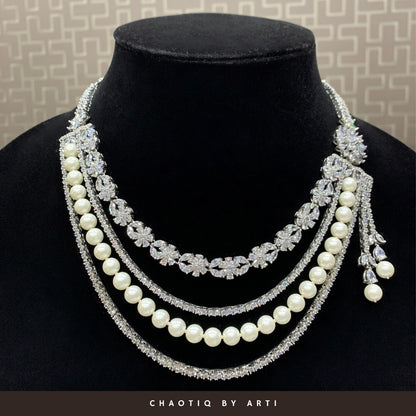 Diamond studded necklace set with pearl string