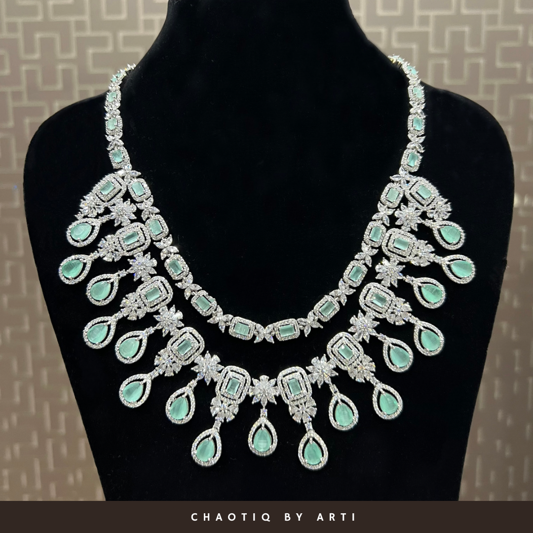 Classy Emerald Green Diamond Cz Stones Statement Necklace Set | Khwaish  Jewellery
