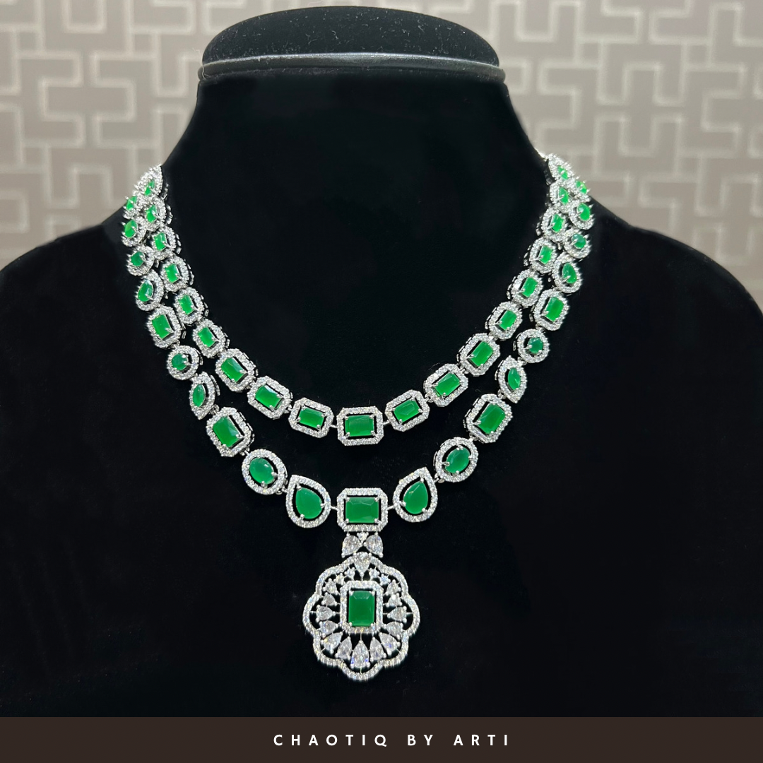 Amaara emerald and diamond double layered necklace set